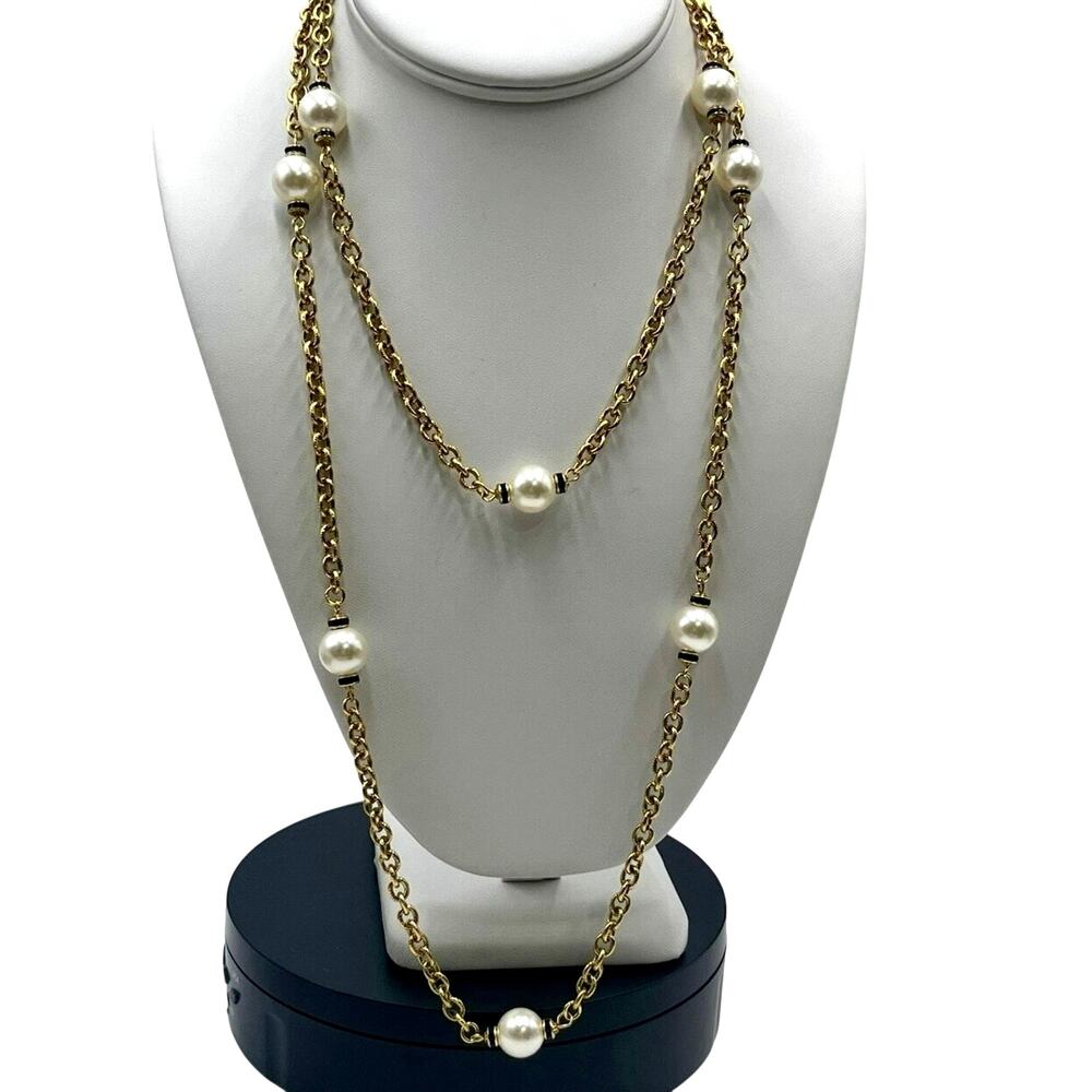 Lorren‎ Bell Gold Tone Faux White Pearl Black Rhondelle Station Long Necklace
